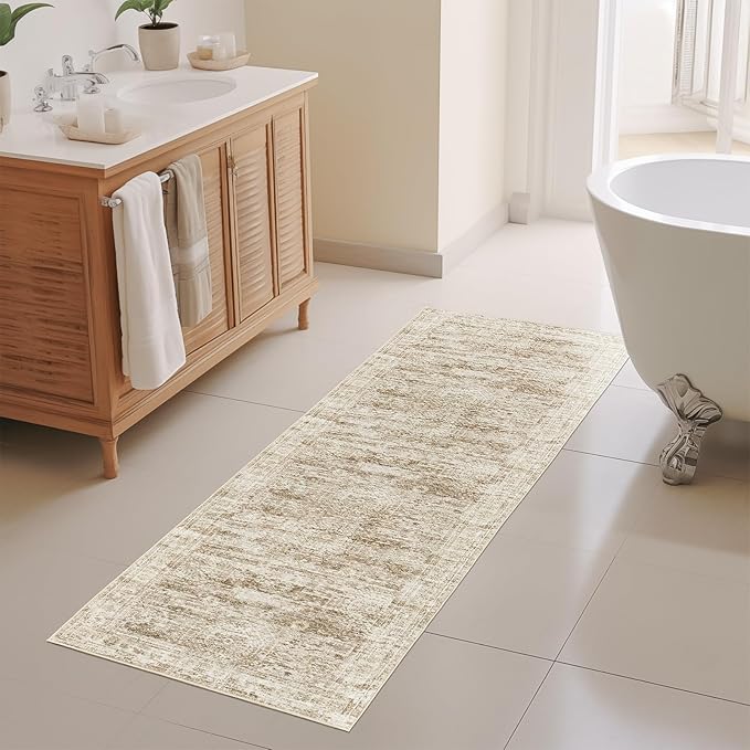 Kitchen Runner Rug Non Slip - 2.5 x 8 Runners for Hallways, Entryway, Bedroom, Washable Runner Rugs for Bathroom, Laundry Room, Low Pile Soft Vintage Area Rug(2.5'x8', Brown/Ivory)