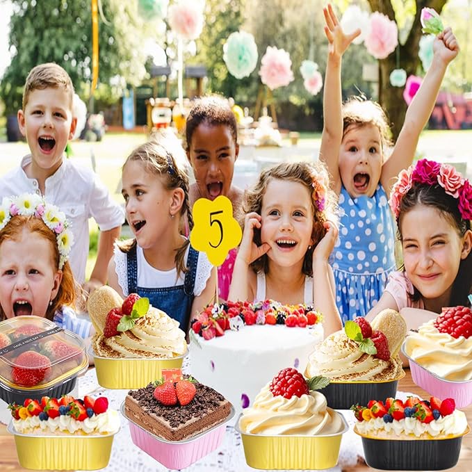 BZIDII 10oz Mini Cake Pans With Lids 50 Pack Aluminum Foil Square Brownie Baking Cups,Disposable Loaf Pans With Lids and Spoons Stickers,Large Cupcake Pans Muffin Tins Cake Container (Gold)