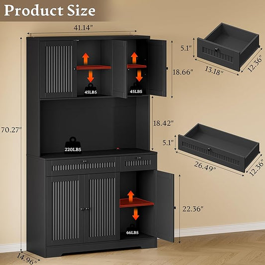 Pantry Cabinet with Charging Station and Light, Tall Kitchen Pantry Storage Cabinet with Microwave Stand, Wide Fluted Kitchen Hutch with Storage Drawers and Adjustable Shelves for Dining Room