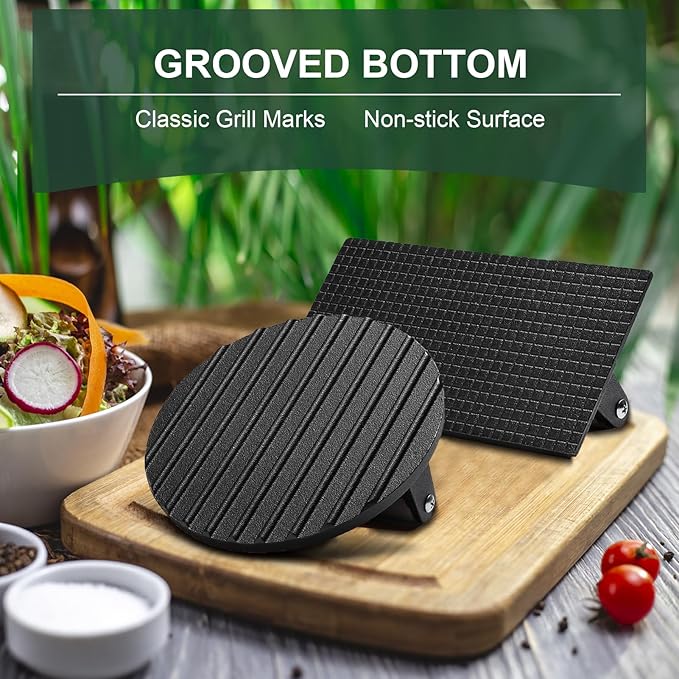 Burger Press, Smash Burger Press for Blackstone Griddle, Heavy Duty Cast Iron Round 7In & Rectangular 8X4In Bacon Grill Press with Wood Handle for Blackstone Camp chef Pitboss Weber Treager