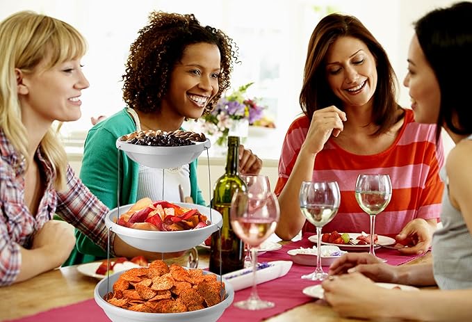 Masirs 3-Tier Collapsible Bowl: Decorative Design Folds for Minimal Storage. Ideal for Serving Snacks, Salad, and Fruit. Top Bowl Divided into Three Sections. (Pack of 2)
