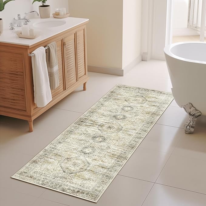 2x5 Rug Runner Washable for Entryway, Soft Bathroom Rugs with Non-Slip Backing, Abstract Low Pile Hallway Runner, Vintage Small Kitchen Carpet for Stair, Laundry Room(2'x5', Grey/Yellow)