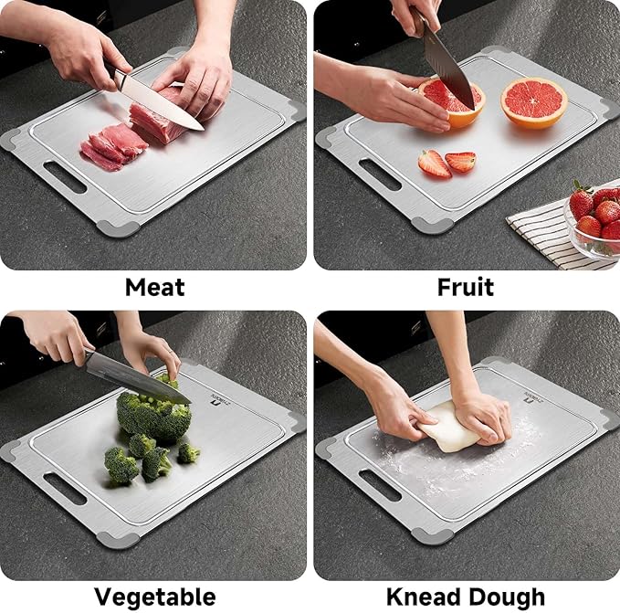 ZYBIDEAL 100% Pure Titanium Cutting Board with Grooves, Update Double Side Titanium Chopping Board, Silicone Anti-slip Stainless Cutting Boards for Kitchen 8 * 12, Grey