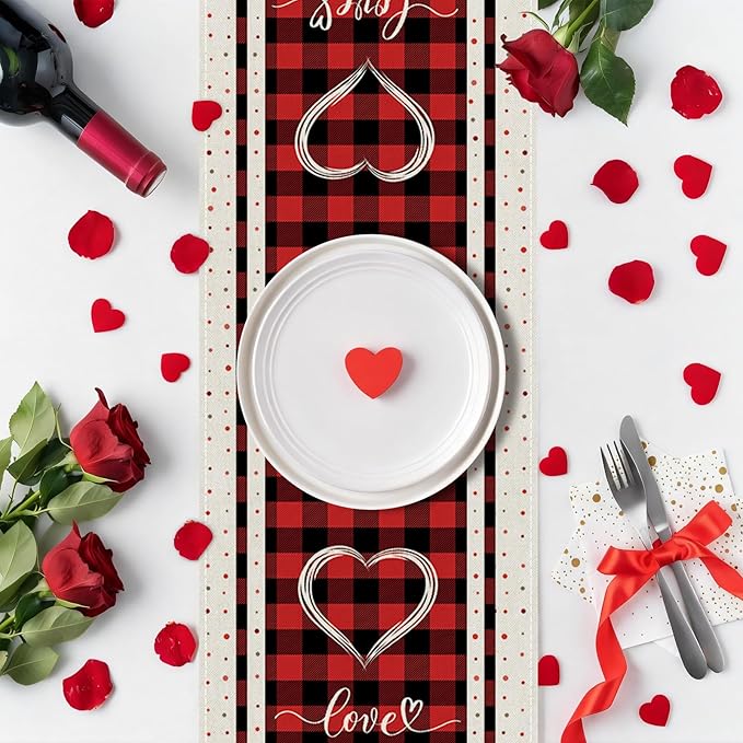 Valentines Day Table Runner 13x36 Inch, Buffalo Plaid Love Hearts Valentine Table Runner, Anniversary Home Kitchen Dining Table Holiday Party Decorations