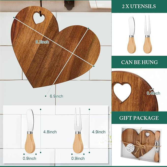 Patelai 18 Set Bridal Baby Shower Favor Heart Cheese Board with Knife, Wood Mini Charcuterie Board Thank You Gift Box for Guest Bridal Baby Shower Prize Wedding Valentines Birthday (Acacia Color)