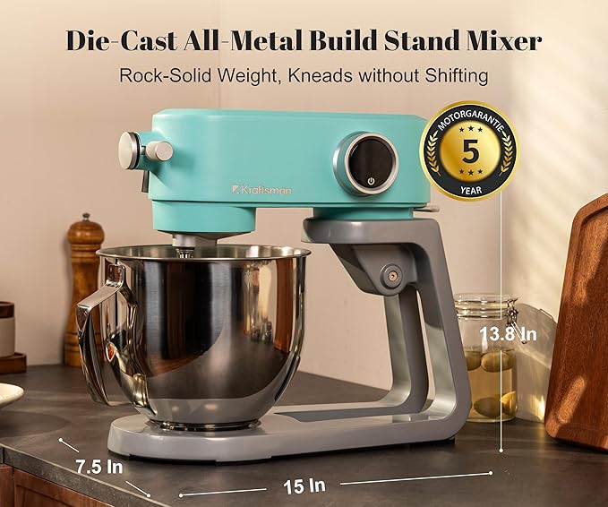 Kraftsman All-Metal Stand Mixer 5.3-Quart - Professional Kitchen Electric Food Mixer with Stainless Steel Mixing Bowl & Attachments for Baking, Dough & Cake, 8-Speed Control & Timer (Blue)