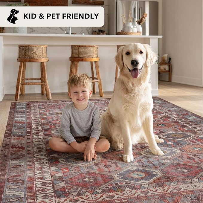 Kuden 2'6"x12 Runner Rug, Machine Washable Area Rug with Non-Slip Backing, Vintage Style, Soft, Easy Clean, Low Pile Rug for Hallway, Entryway, Kitchen, Bedroom