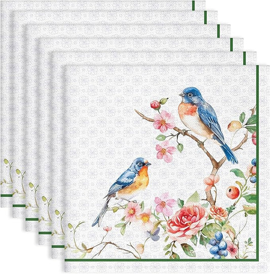 Bird Flower Branch Print Cloth Napkins 100% Cotton, 18" X 18" Dinner Napkins Cloth Set, Washable Napkins for Home, Kitchen, Dinner, Party, Wedding, Cocktail, Set of 6
