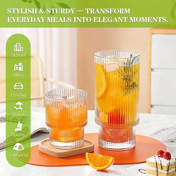 Ribbed Drinking Glasses Set of 4, Stackable Cute Kitchen Glasses Cups 16oz and 7oz Iced Coffee Glasses cocktail Glass cup for Water, Beverage, Whiskey