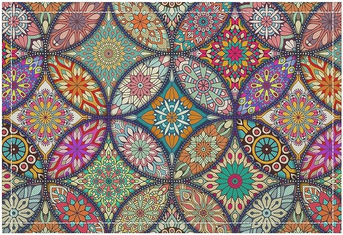 Boho Mandala Placemats Set of 4 Vintage Bohemia Flower Art Printed Dining Table Mats for Restaurant Home Kitchen Holiday Picnic Party Decor 12x18in