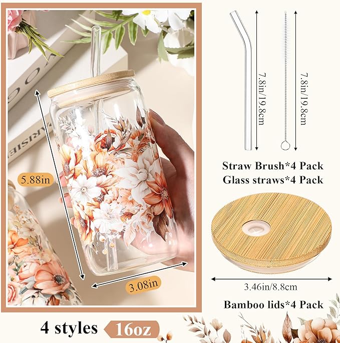 Mumufy Gift for Women Cute Glass Cup Tumbler Flower Iced Coffee Mugs 16 oz Glass with Bamboo Lid & Straw, Mothers Day Birthday Gift for Mom Sister Bridesmaid Baby Shower(4 Pack, Brown Flower)