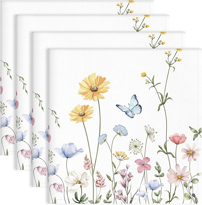 Floral Butterfly Napkins, 18×18 Inch French Country Dinner Cloth Napkins Set of 4, Washable Cotton Soft Absorbent Square Napkins for Dining Kitchen Party Wedding Decoration