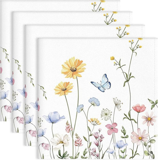 Floral Butterfly Napkins, 18×18 Inch French Country Dinner Cloth Napkins Set of 4, Washable Cotton Soft Absorbent Square Napkins for Dining Kitchen Party Wedding Decoration