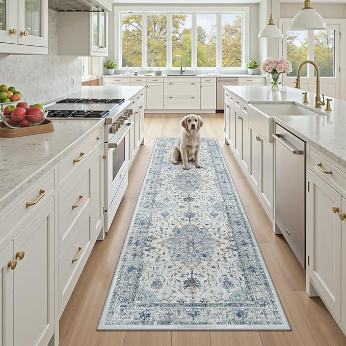 Area Rugs 2'x7' Runner Rug Non Slip Washable for Kitchen Hallway Bedroom Beside Laundry Room Bathroom Rug, Floor Carpet, Light Blue Navy Beige Gray White