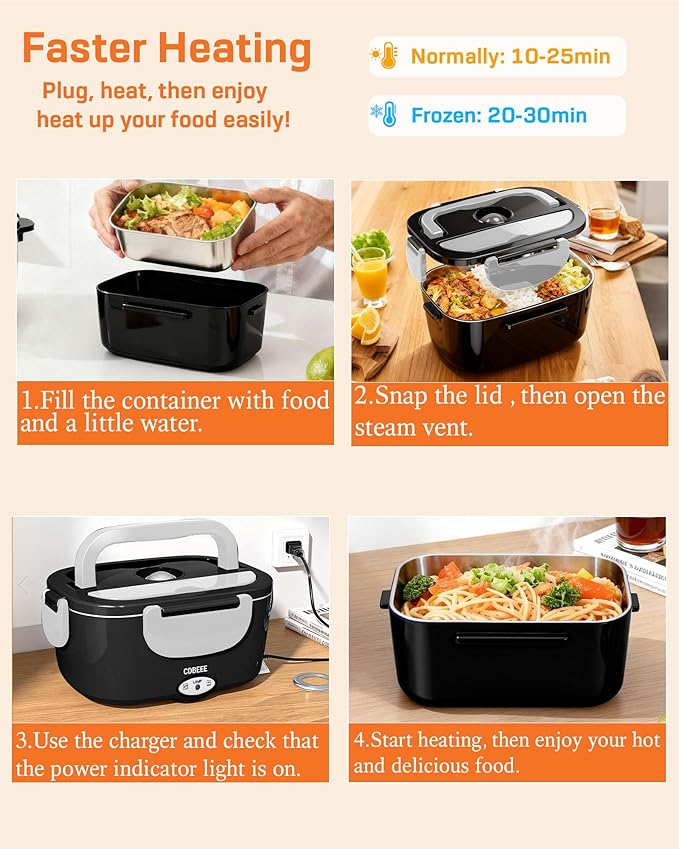 Electric Lunch Box Food Heater - 80W Fast Heating, 1.5L Heated Lunch Box Leak-Proof 304 Stainless Steel Portable Food Warmer, (12V/24V Car/Truck & 110V Home), Ideal for Work/Travel（Black-white）
