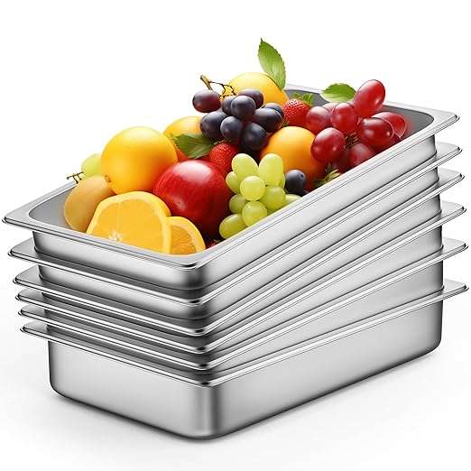 ZeroPone 6 Pack Hotel Pans, Full Size 4" Deep Stainless Steel Steam Table Pan, 20.8" L x 12.8" W 22 Gauge Metal Commercial Catering Food Pans Anti Jam Food Storage Containers