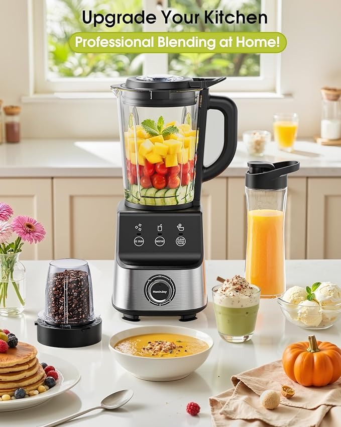 HoninJoy Countertop Blenders for Kitchen, 1400W Professional Blender for Smoothies, 3 Functions with 5 Speeds Smoothie Blender, with 51-oz Glass Jar, Grinder & Portable Cup Combo, Self-Cleaning