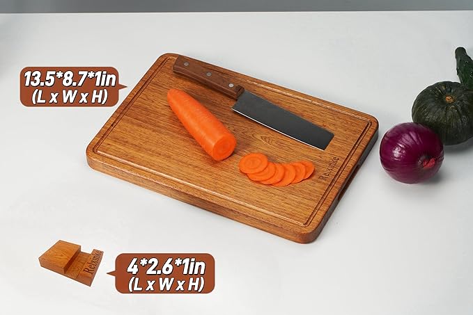 Relxinke Solid Teak Wood Cutting Board One Piece Non Glued Thick Crack Resistant Wooden Chopping Board with DeepJuice Grooves Built in Handles for Kitchen Meat Vegetables Chese 13 X 8.7 Inch