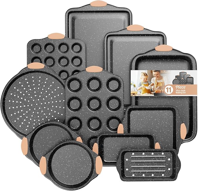 Slow Slog 11-Piece Baking Pans Set, Nonstick Bakeware Sets, Oven Pans for Baking with Silicone Handles, Includes Cookie Sheet, Cake Pans, Loaf Pan, Pizza Pan, Muffin Pan, Khaki&Black