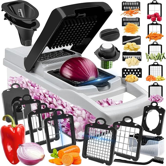 Vegetable Chopper, 10 Blades Slicer Onion Dicer, Multi 23-in-1 Veggie Mandoline Food Cutter for Tomato Fruit, Vegetable cutter with Hand Protector, Egg Separator & Slicer, Container（White）