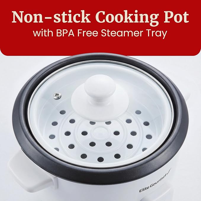 Elite Gourmet Electric Rice Cooker with Steam Tray and Non-Stick Inner Pot Makes Soups, Stews, Grains, Cereals, Keep Warm Feature, 6 Cups Cooked (3 Cups Uncooked), White