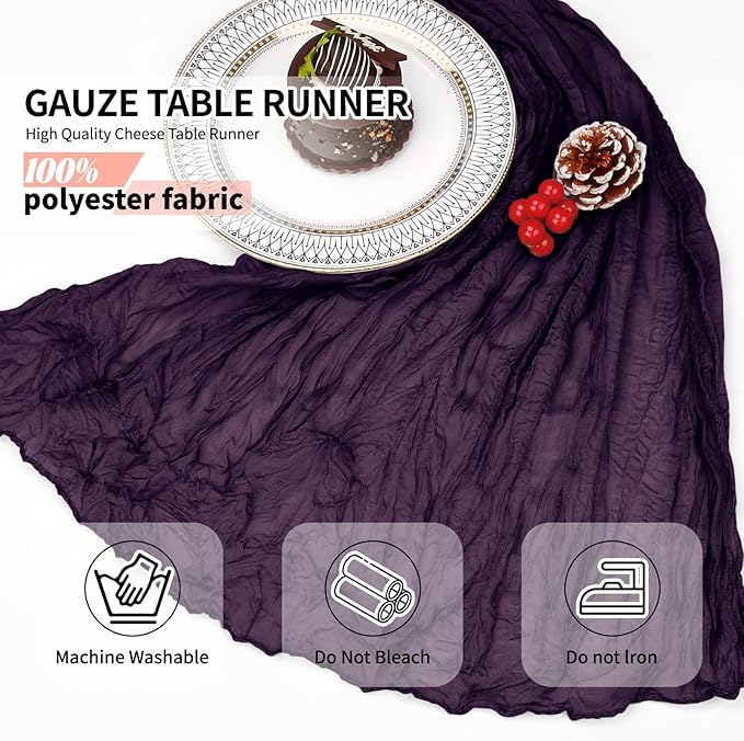 12 Pcs Dark Purple Cheesecloth Table Runner 10Ft, Gauze Table Runners 21.5 x 120 inch,Semi Sheer Cheese Cloth Fabric Runner Bulk for Wedding,Party,Baby Shower,Bridal Shower