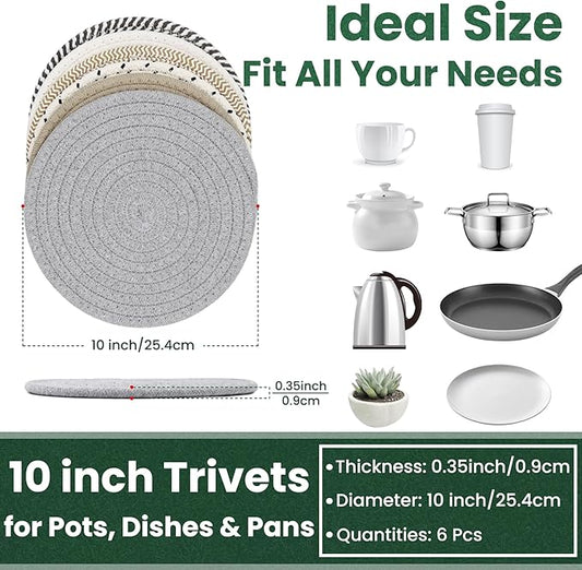 10 Inch Trivets for Hot Dishes, Hot Pots and Pans, Extra Large Thick Heat Resistant Large Coaster for Kitchen, Hot Pads, Kitchen Essentials, Pot Holders for Table & Countertop, 6 Pcs