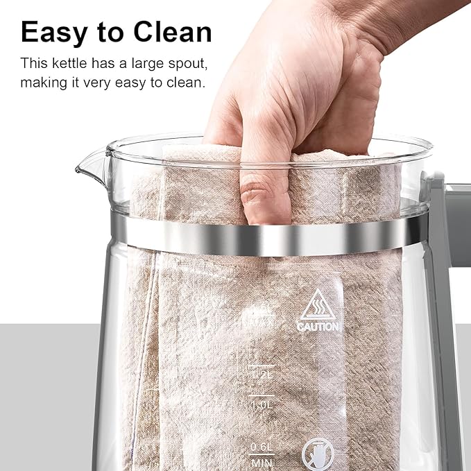1200w Electric Kettle, 1.5L Borosilicate Glass tea kettle, Hot water kettle electric for Coffee or Tea, BPA Free, Auto Shut-Off, Stainless Steel, Fast Boil, White