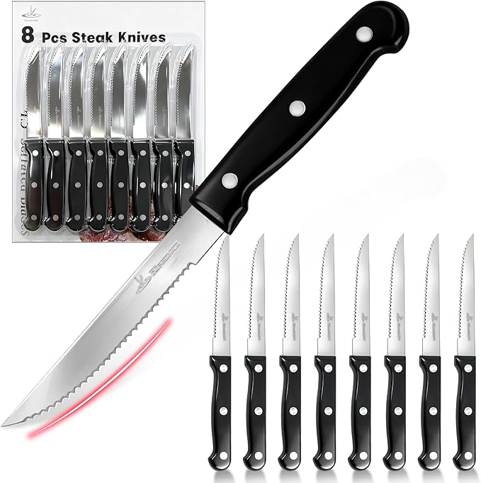 Upgraded Steak Knives Set of 8, Uncoated Stainless Steel Serrated Steak Knife Set, 4.5 Inch Steak Knife with Ergonomic Handle and Sharp Blades, Dishwasher Safe Dinner Knives for Kitchen, Restaurant