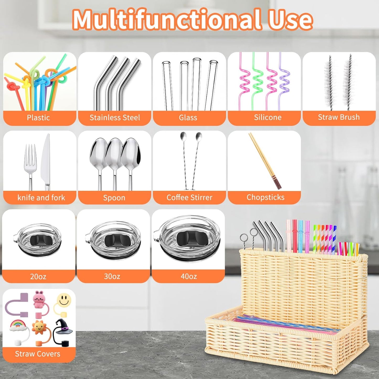 9.8" Poly Wicker Straw Holder for Cabinet Door with Strong Adhesive Hooks,Woven Straws Holder Dispenser for Tumbler Lid,Reusable Straws,Kitchen Accessories for Countertop (Nature)