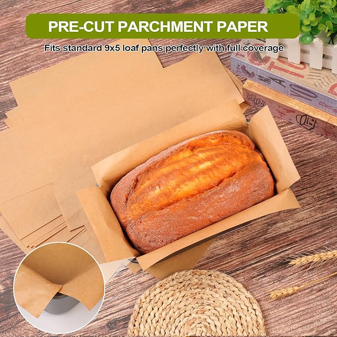 100 Pcs Unbleached Parchment Paper Loaf Pan Liner - Precut 9''x5'' Non-Stick, Fits 8.5''x4.5''/10''x5'' Loaf Pans, Heat-Resistant 430°F BPA-Free Food-Safe for Bread Baking (No Trimming)