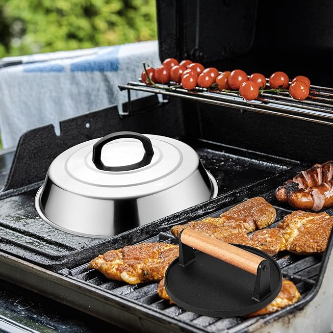 Leonyo Melting Dome & Cast Iron Grill Press, 12" Basting Cover with Round Bacon Press, Burger Smasher for Griddle, Food Steamer Lid Smash Burger Kit for Flat Top Grill Cooking Cheese, Meat