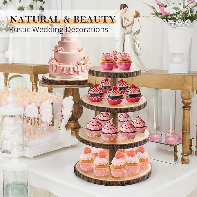 Cupcake Stand Wood Dessert Stands 4 Tier Cupcake Tower Large Cupcake Display Stand Rustic Cupcake Tier Stand for Woodland Baby Shower Decorations/Wedding/Birthday/Party/Farmhouse Decor