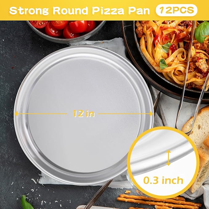 Bokon 12 Pcs 12 Inches Pizza Pan Bulk Restaurant Aluminum Silver Round Pizza Pie Cake Plate Anti Rust Tray for Oven Baking Home Kitchen Easy to Clean