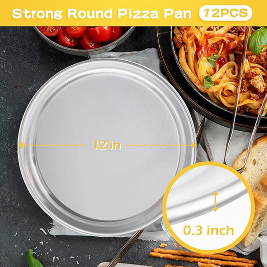 Bokon 12 Pcs 12 Inches Pizza Pan Bulk Restaurant Aluminum Silver Round Pizza Pie Cake Plate Anti Rust Tray for Oven Baking Home Kitchen Easy to Clean