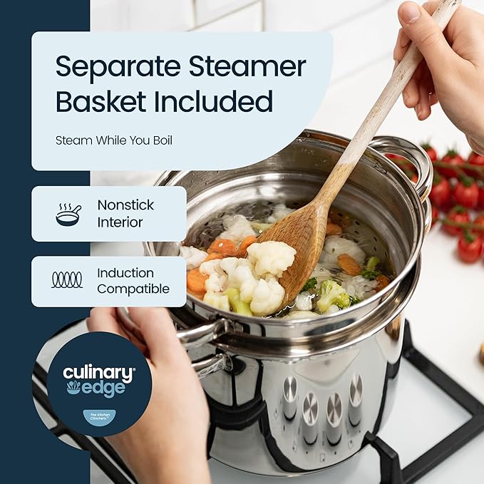 Culinary Edge Stainless Steel 8-Quart Nonstick 4-Piece Multi-Cooker with Steamer and Pasta Pot Cookware Set