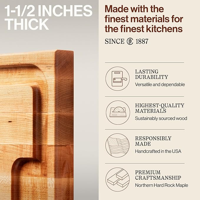 John Boos Aujus Series Rectangular Wooden Maple Cutting Board 24”x18” – 1.5” Thick, 18-lb Reversible Butcher Block with Sloped Juice Groove, Edge-Grain & Finger Grips – Made in the USA