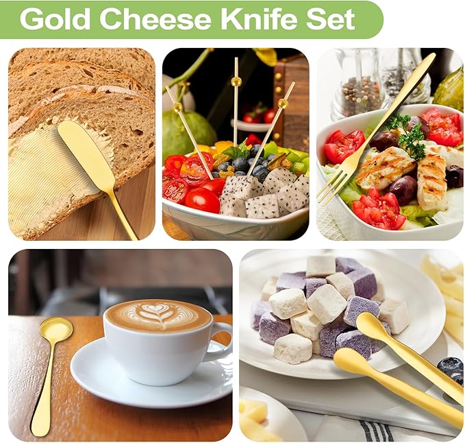 94 Pcs Charcuterie Board Accessories, Stainless Steel Cheese Spreaders Forks Spoons Mini Serving Tongs Honey Dippers Sauce Cups Toothpick Flags Charcuterie Utensils for Pastry Making, Gold