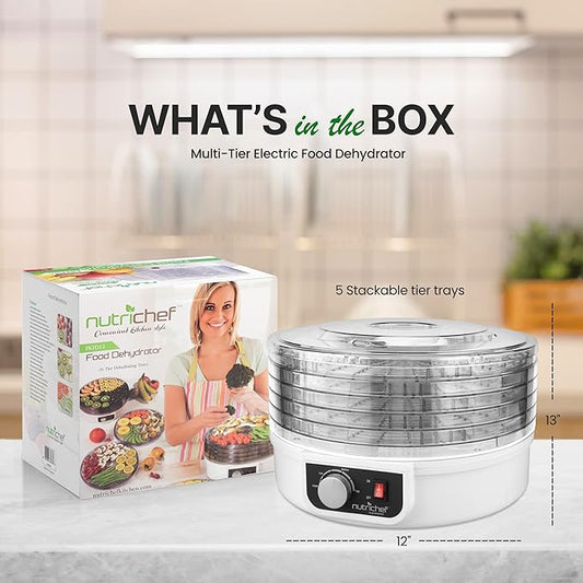 NutriChef Food Dehydrator Machine | Dehydrate Beef Jerky, Meats, Mushrooms, Fruits & Vegetables | Great For At Home Use | Uses High-Heat Circulation for Even Dehydration | 5 Easy to Clean Trays.