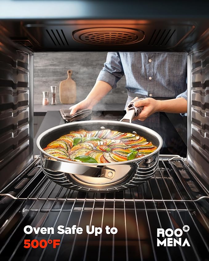 Roomena Saute Pan with Lid, Hybrid Ceramic Nonstick 12 Inch 5-Quart Tri-Ply Stainless Steel Everyday Pan, PFAS/PFOA/PTFE Free, Metal Utensil Safe, Dishwasher & Oven Safe, Induction Compatible
