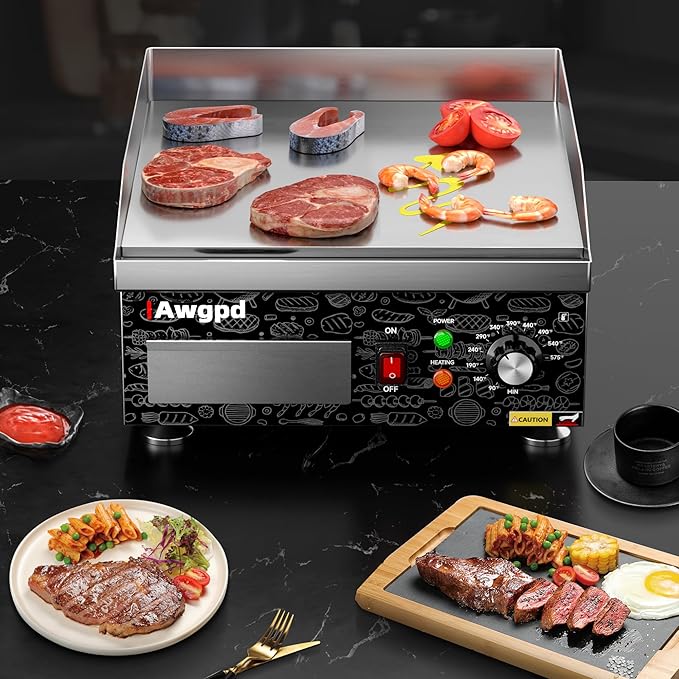 Electric Griddle,1800W 14 Inch Flat Top Grill Commercial Electric Griddles,14 Inch Electric Countertop Griddles Stainless Steel Adjustable Temperature Control 90℉-575℉ for Home or Restaurant Use