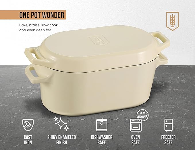 KooK Dutch Oven, For Sourdough Baking, Dual Handles, Enameled Cast Iron, includes Silicone Mat and Sourdough Guide, Dishwasher Safe, 5 Qt, (Ivory)