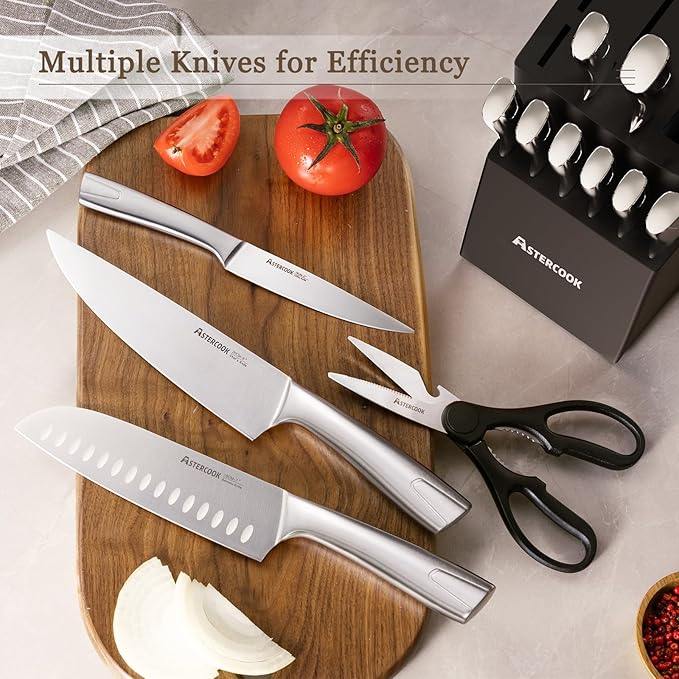 Astercook Knife Set Kitchen with Block and Sharpener Full Tang 15 Pcs Premium Stainless Steel Knives Dishwasher Safe Utensils Set with Ultra Sharp Blade and Anti-slip Ergonomic Handle, Elegant Black
