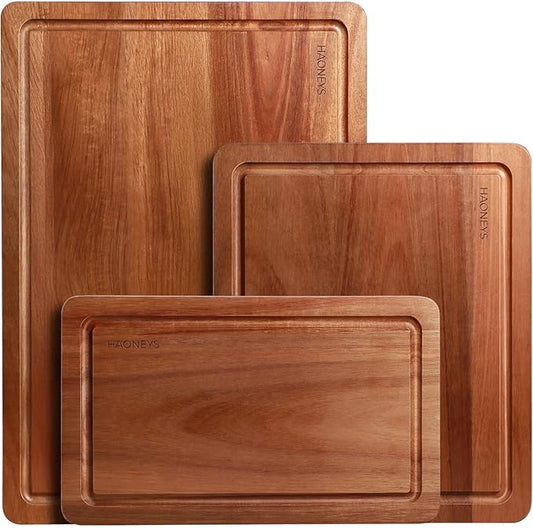 Wood Cutting Board, Wooden Cutting Boards for Kitchen with Deep Juice Grooves & Built-in Handles, Ideal Charcuterie & Chopping for Meat, Chopping Boards Set of 3