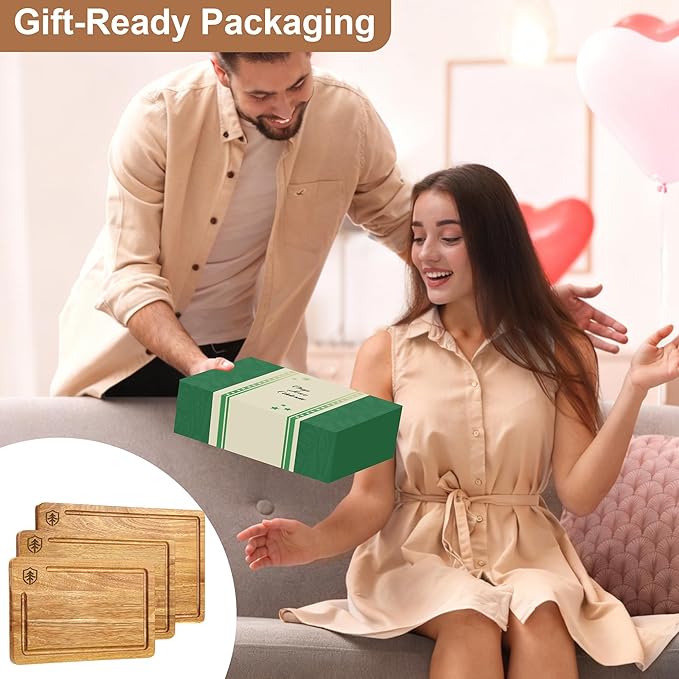 Amitlimate 3 PCS Cutting Boards for Kitchen, Premium Acacia Wooden Cutting Board Set with Built-In Handle and Juice Groove, Charcuterie & Chopping Butcher Block for Meat, Vegetables, Fruits (Brown)