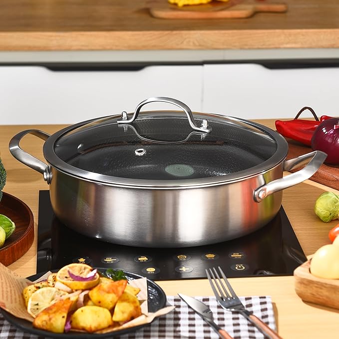 LOLYKITCH 7 QT Tri-Ply Stainless Steel Non Stick Sauté Pan with Lid,12 Inch Deep Frying Pan,Large Skillet,Jumbo Cooker,Induction Compatible,Heavy Duty and Oven Safe.