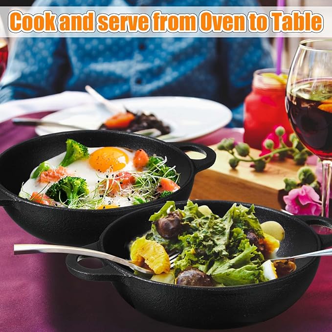 2 Sets Mini Cast Iron Skillet with Wooden Base Small Cast Iron Plates Skillet Pan Round Fajita Plate Hot Steak Pot Dish for Baking Cooking(7.5 Inch)