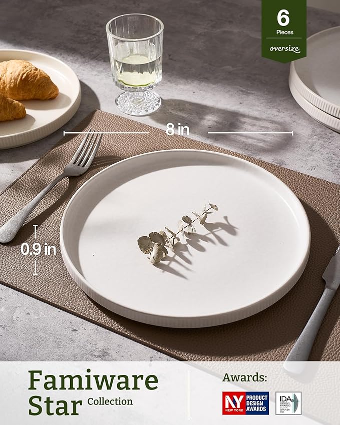 famiware Star Salad Plates for 6, 8 inches Plate Set, Stoneware Dinnerware, Small Dinner Plates for Dessert, Salad, Appetizer, Matte White (Pack of 2)