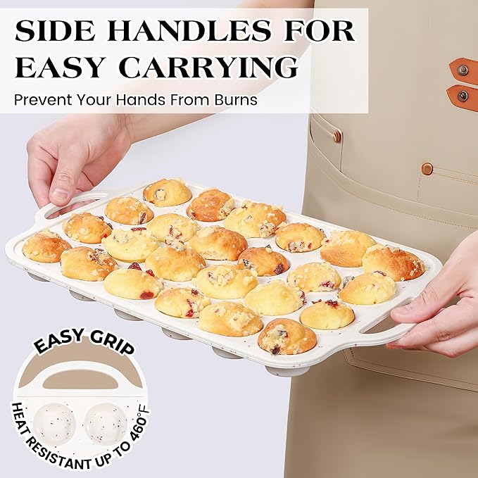AOTASO 2 Pcs Mini Muffin Pans with Metal Reinforced Frame, 24 Cups Nonstick Silicone Cupcake Tray for Baking, Food Grade Small Muffin Molds with Handles (Cream)