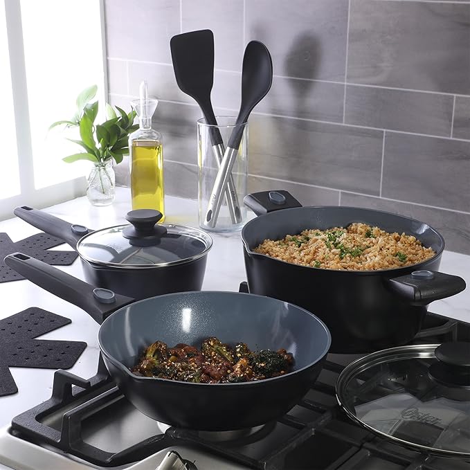 Oster SmartHandle Advance 13-Piece Ceramic Nonstick Cookware Set – Matte Black Finish, Gray Interior, Induction Base, Detachable Handles, Oven & Dishwasher Safe, With Utensils & Pan Protectors